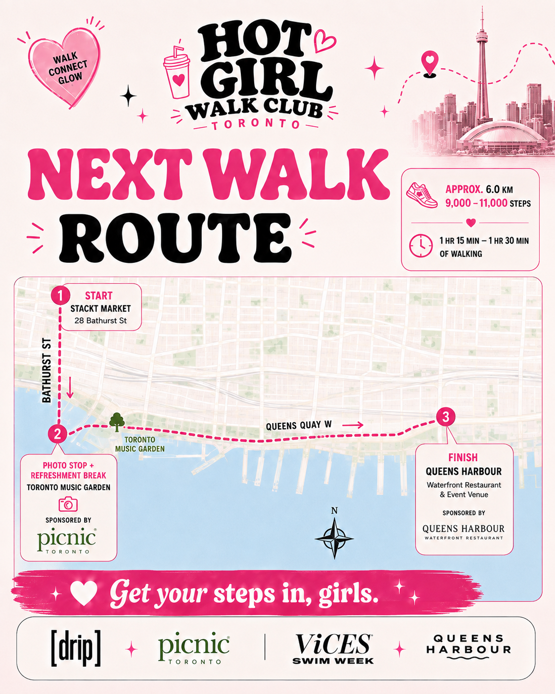 Route map for The Launch Walk: start at Stackt Market on 28 Bathurst St, photo and refreshment stop at Toronto Music Garden sponsored by Picnic Toronto, then finish at Queens Harbour waterfront restaurant along Queens Quay West